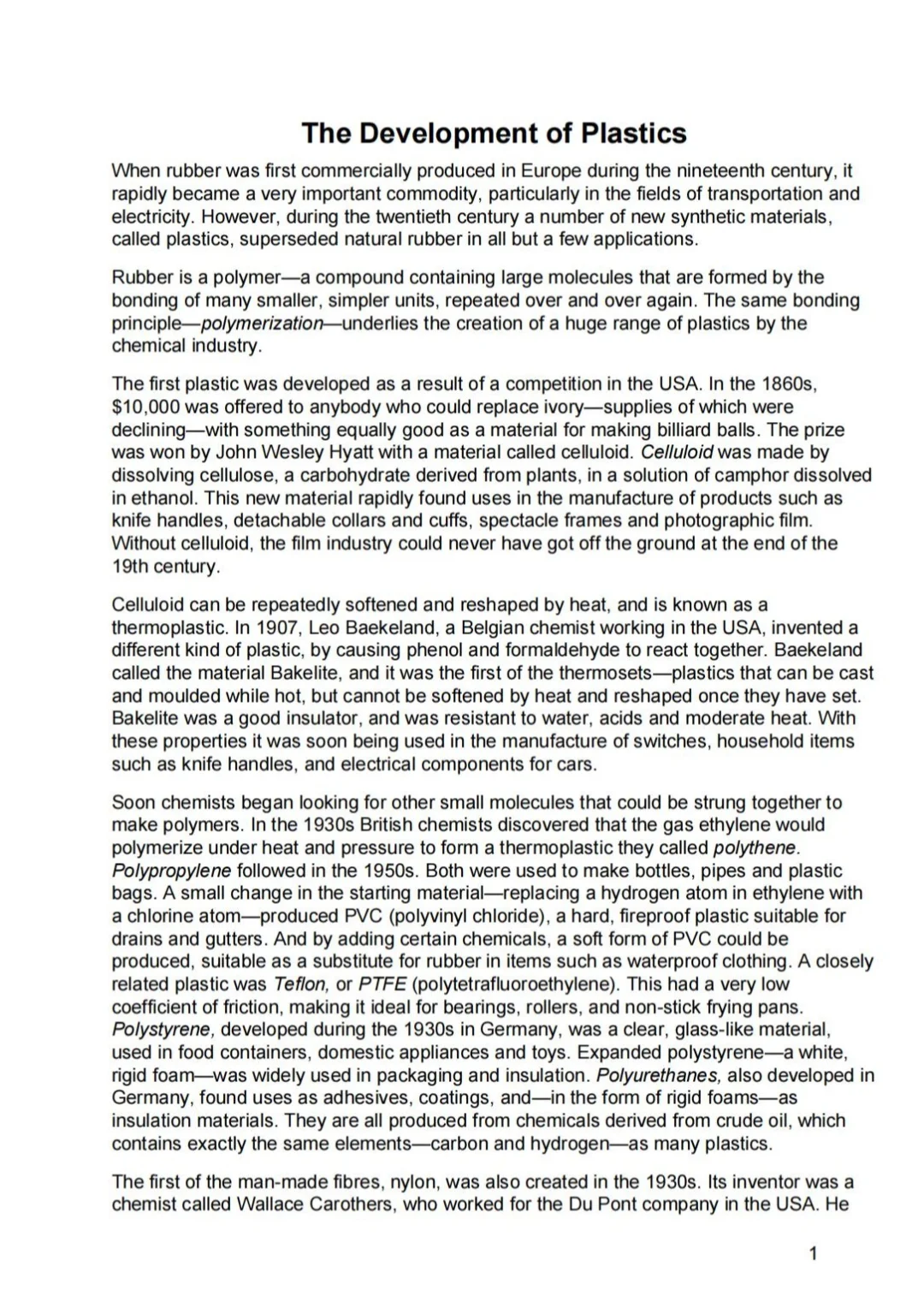 近期阅读机考真题 塑料的发展历程