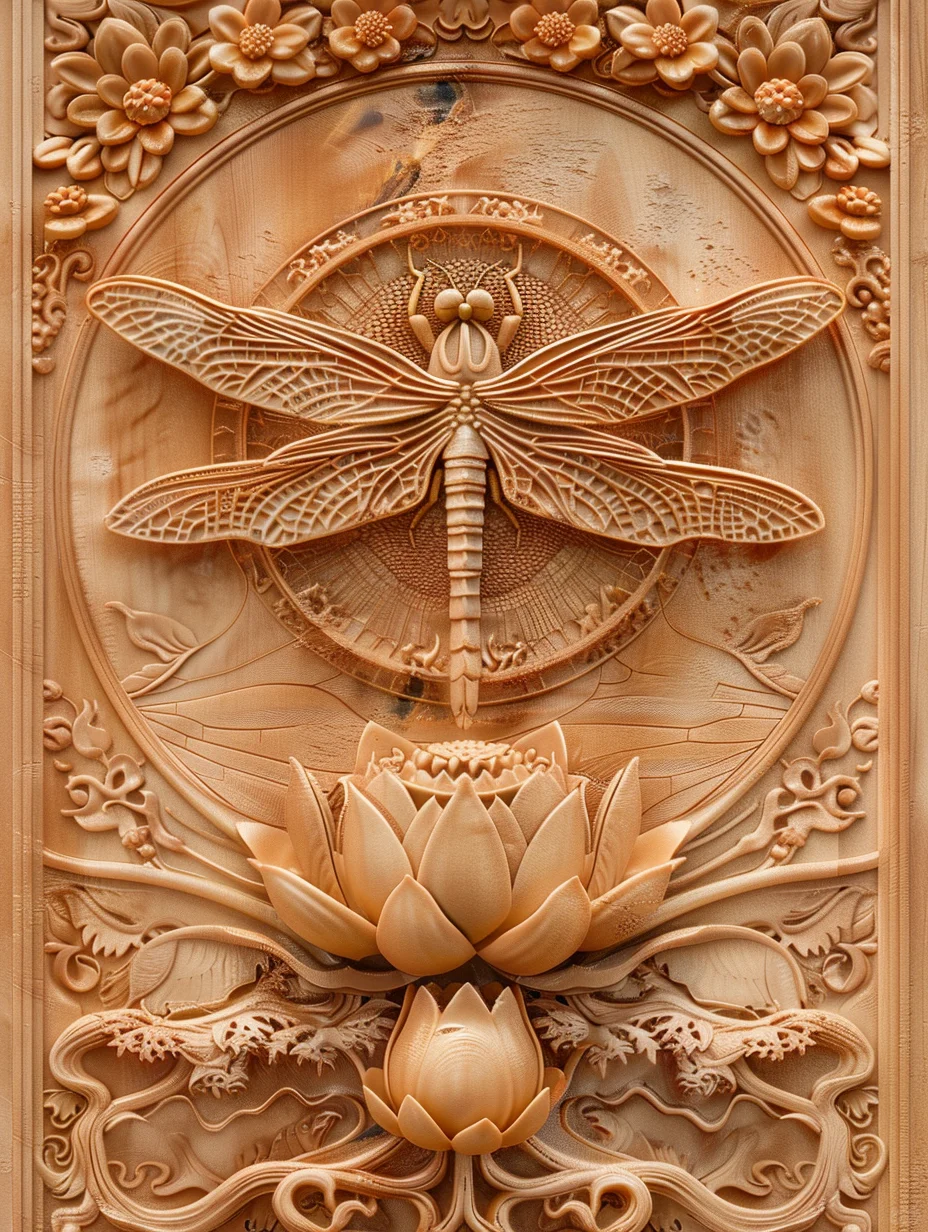 蜻蜓 荷花 吉祥图案 檀香木雕 mj