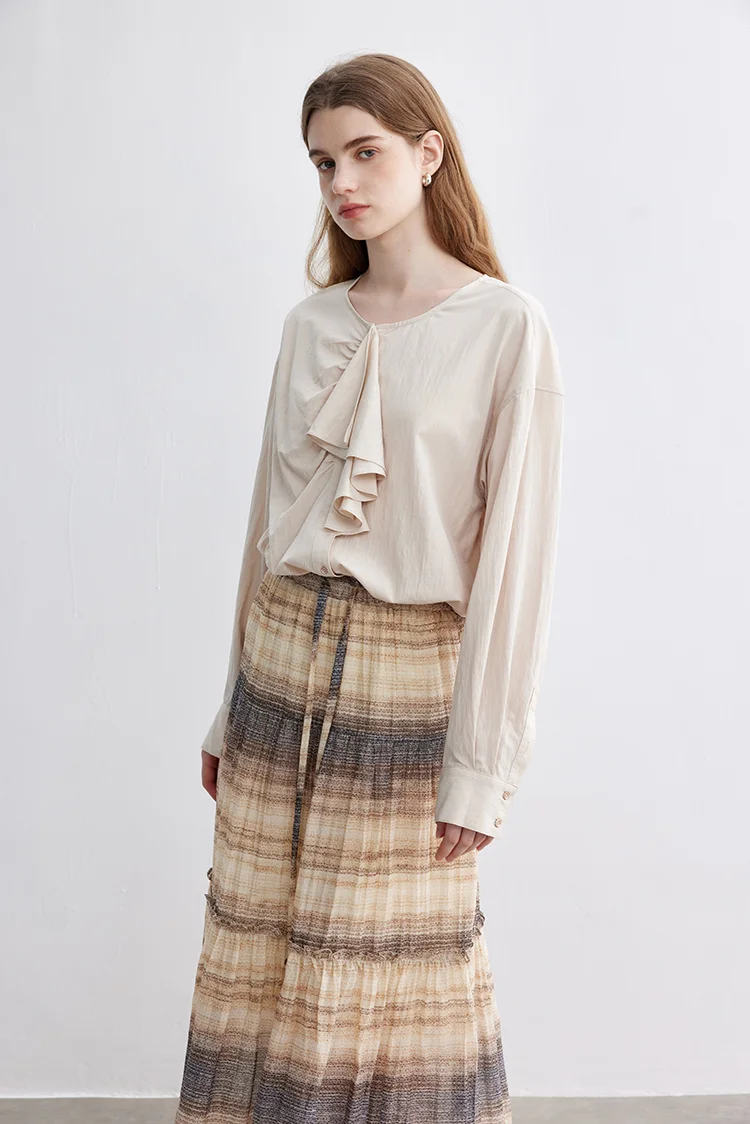 不对称剪裁|日系荷叶边门襟长袖衬衫