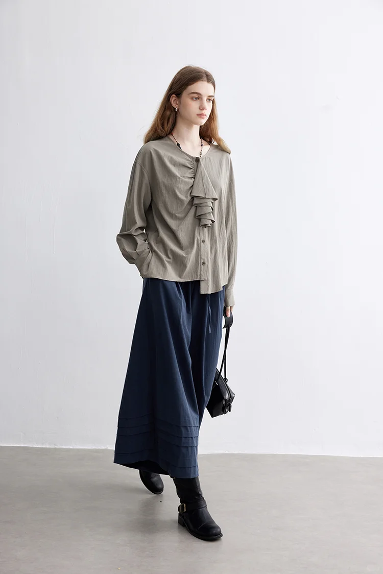 不对称剪裁|日系荷叶边门襟长袖衬衫