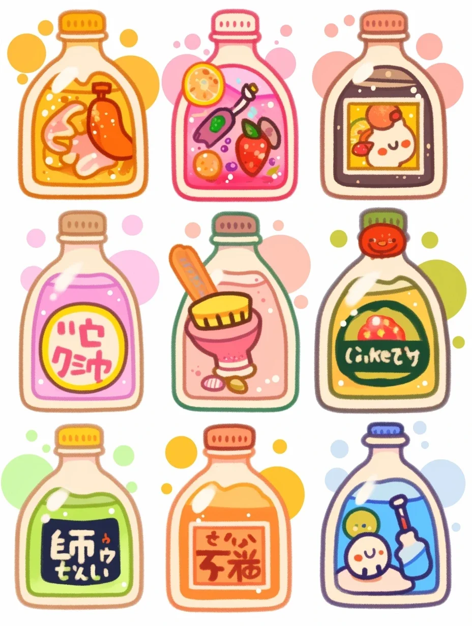 Midjourney咒语分享|可爱果汁瓶插画素材