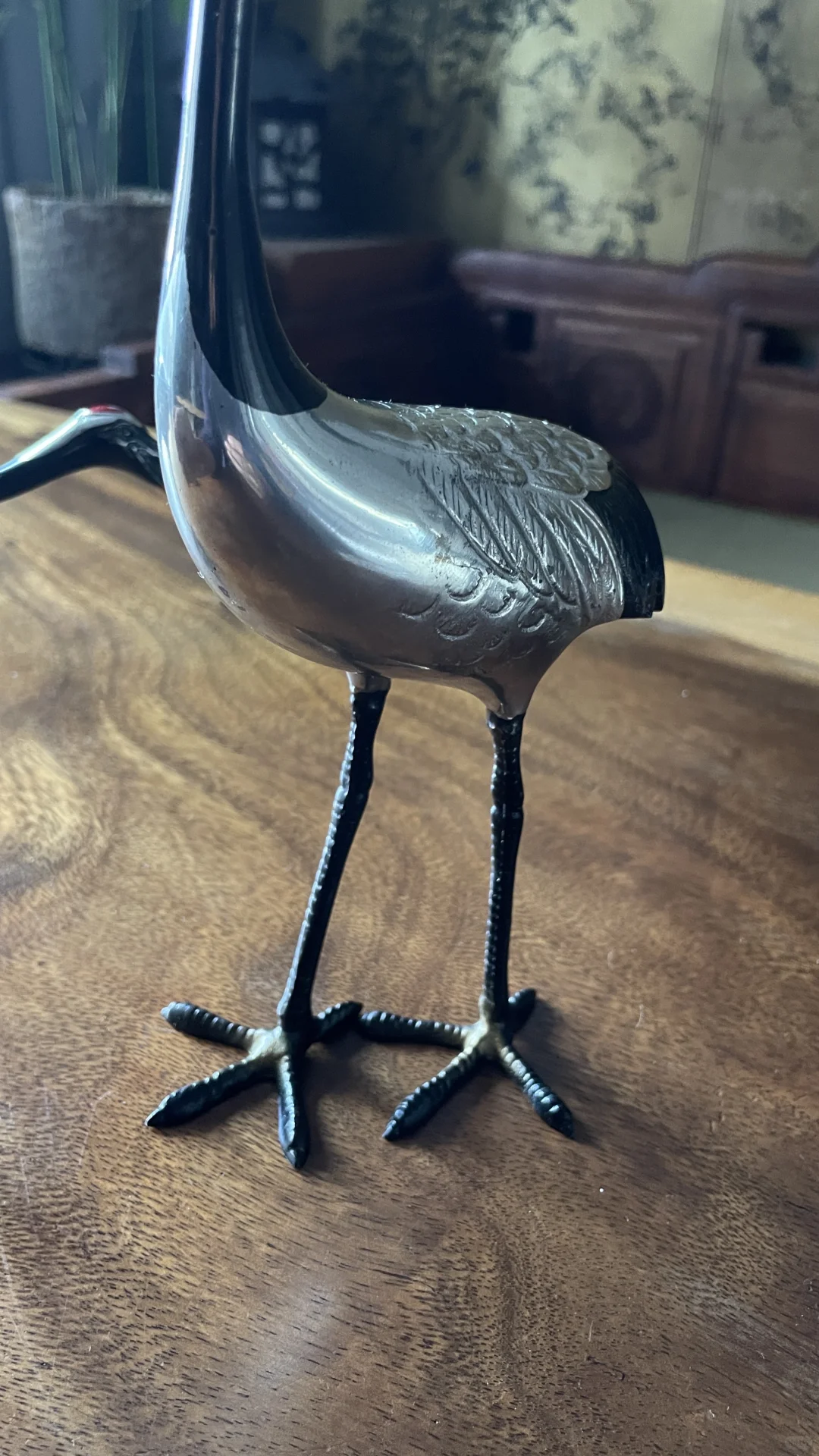 日本小铜仙鹤摆件一对铜镀银描金纯手工打造