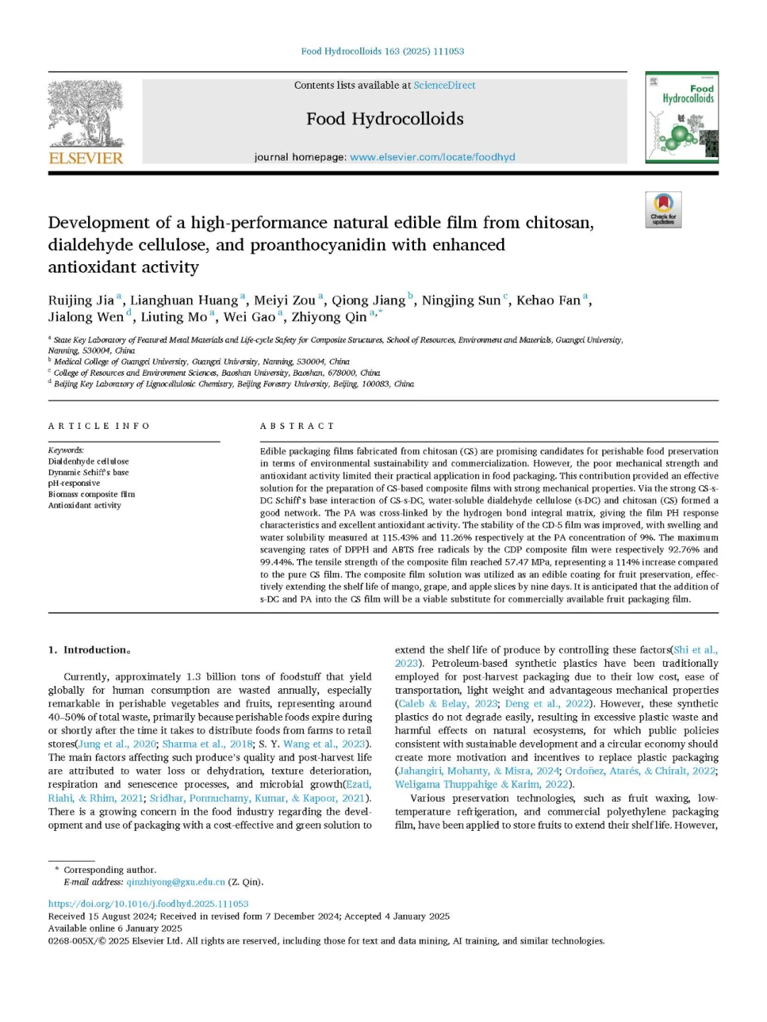 壳聚糖×二醛纤维素×原花青素:变色保鲜膜