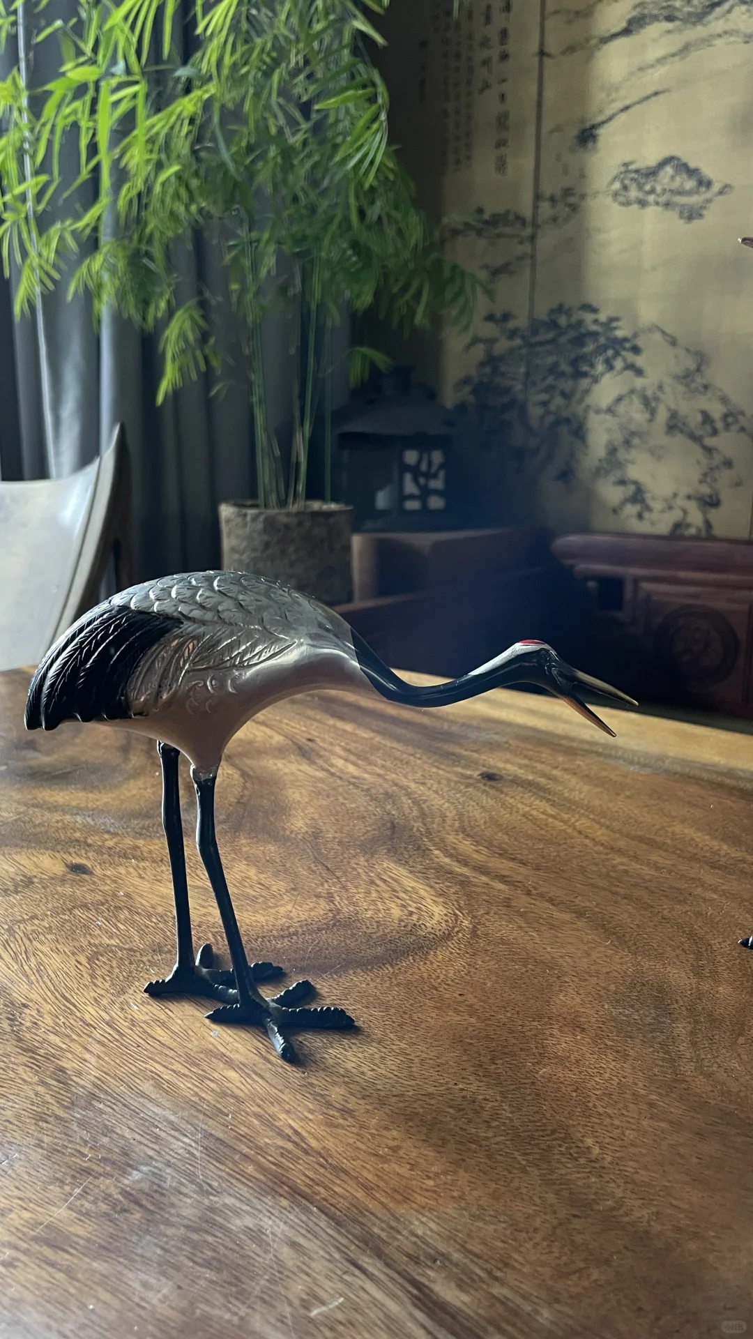 日本小铜仙鹤摆件一对铜镀银描金纯手工打造