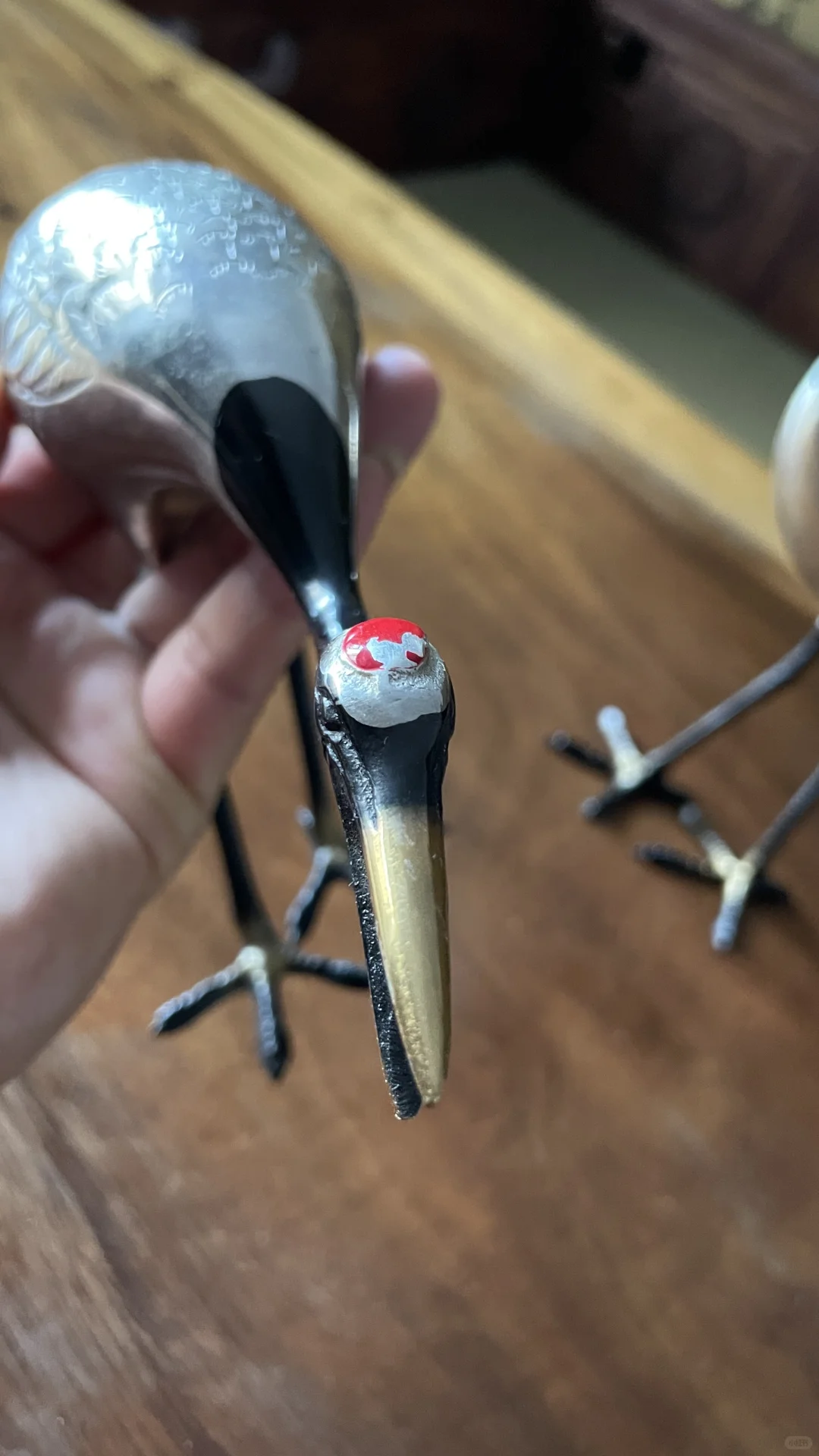 日本小铜仙鹤摆件一对铜镀银描金纯手工打造