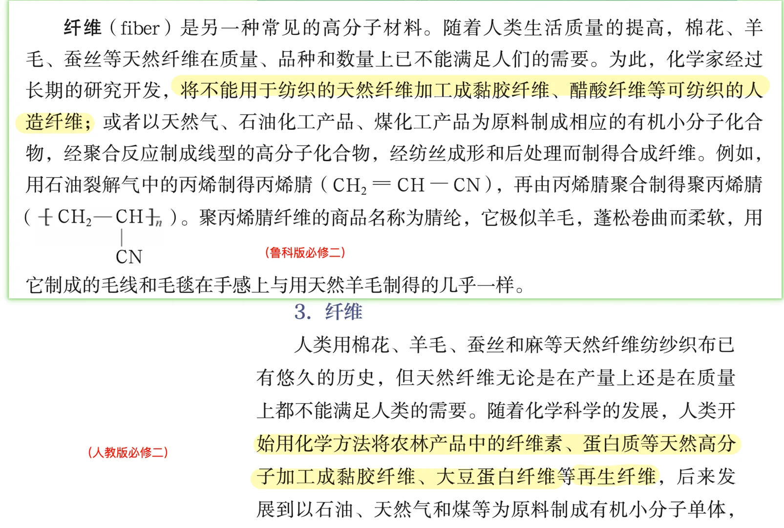 高中化学的再生纤维和人造纤维是一样的吗？
