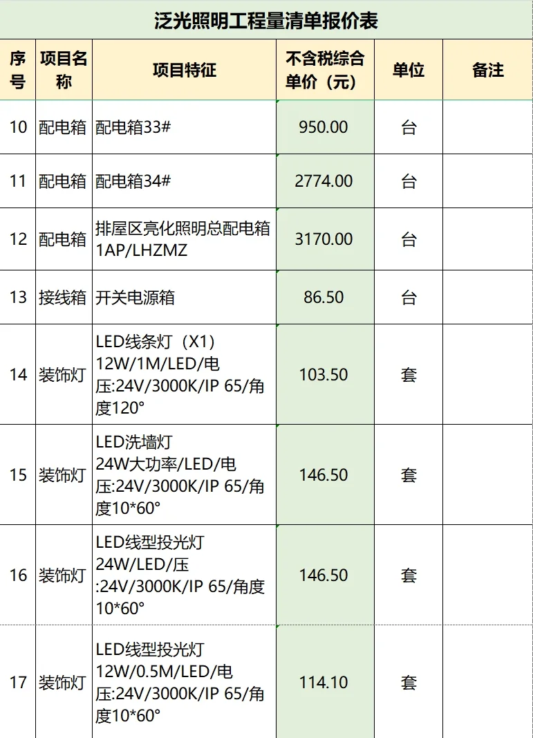 泛光照明工程量清单报价表