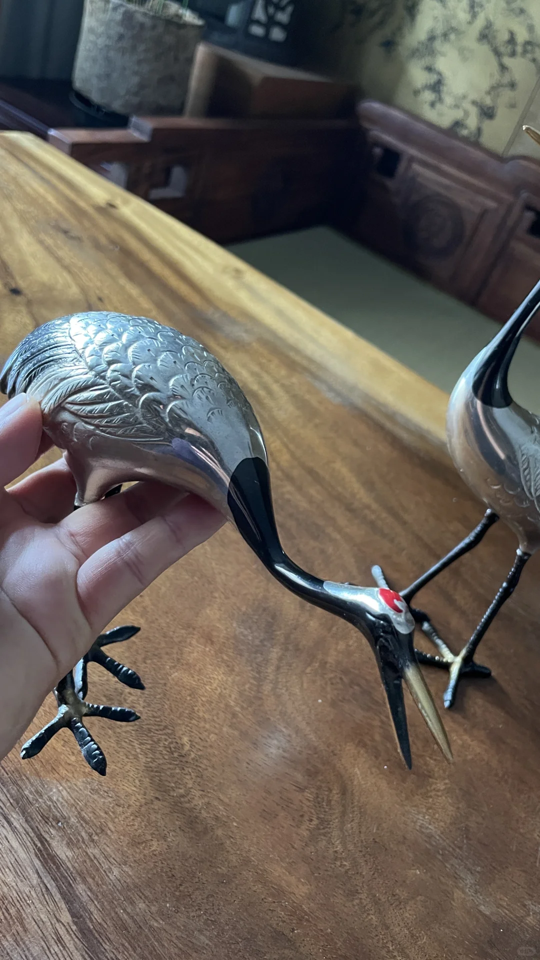 日本小铜仙鹤摆件一对铜镀银描金纯手工打造