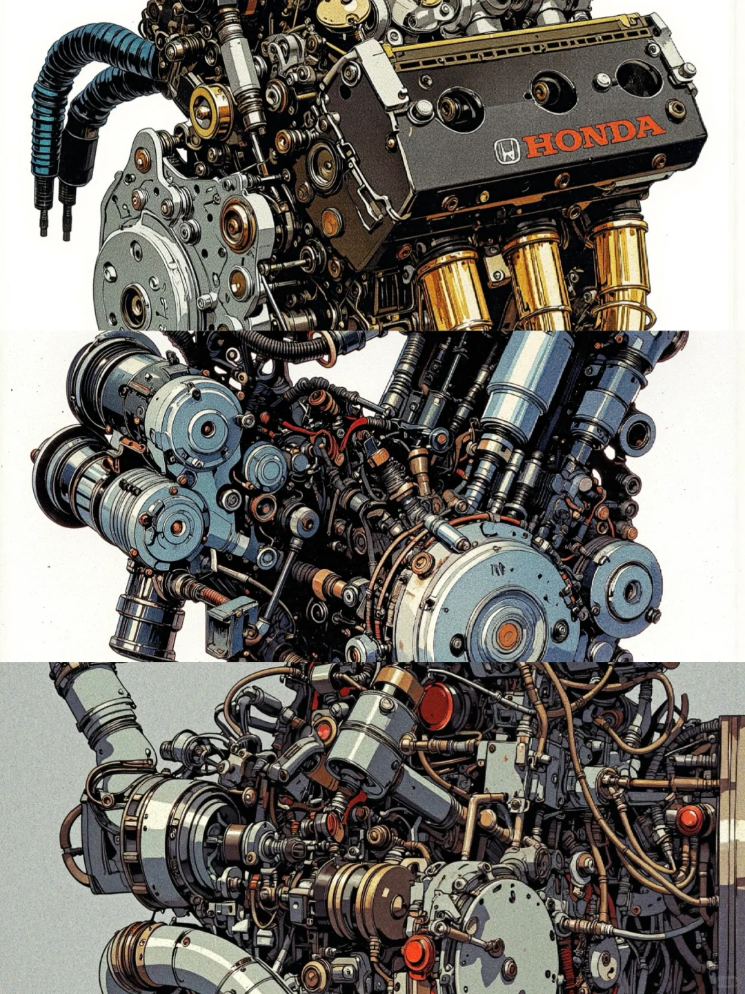 aigc复古未来50 机械之美，本田发动机