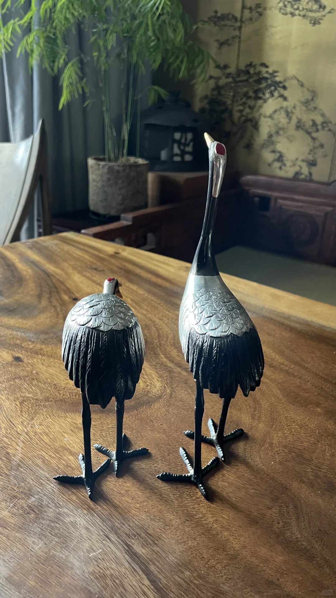 日本小铜仙鹤摆件一对铜镀银描金纯手工打造