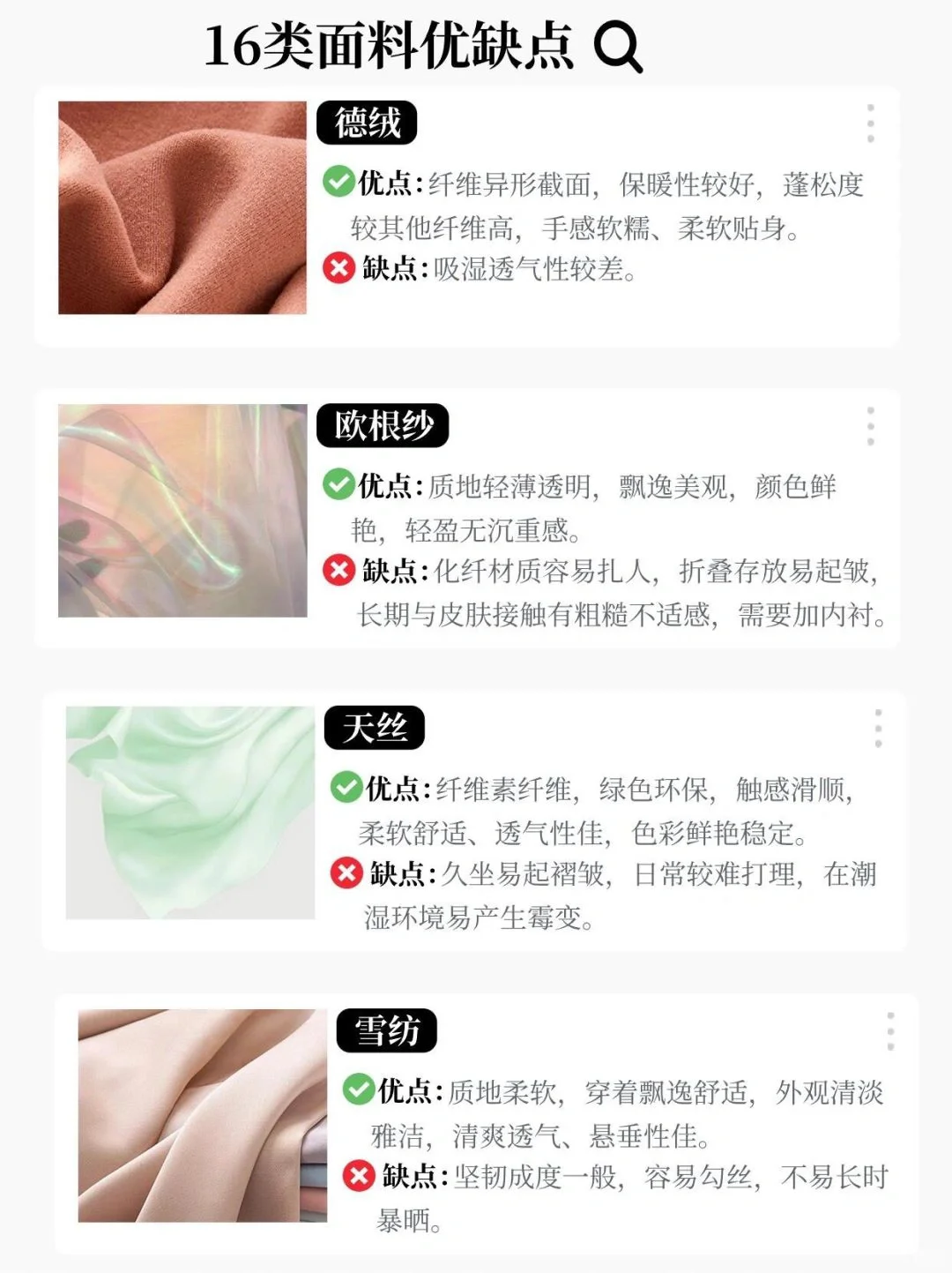 面料大全116种面料优缺点 精简总结！！