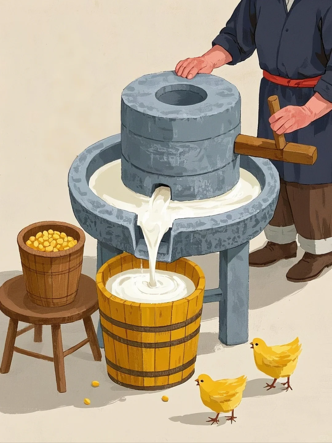 石磨转动 年俗传统磨豆腐插画素材