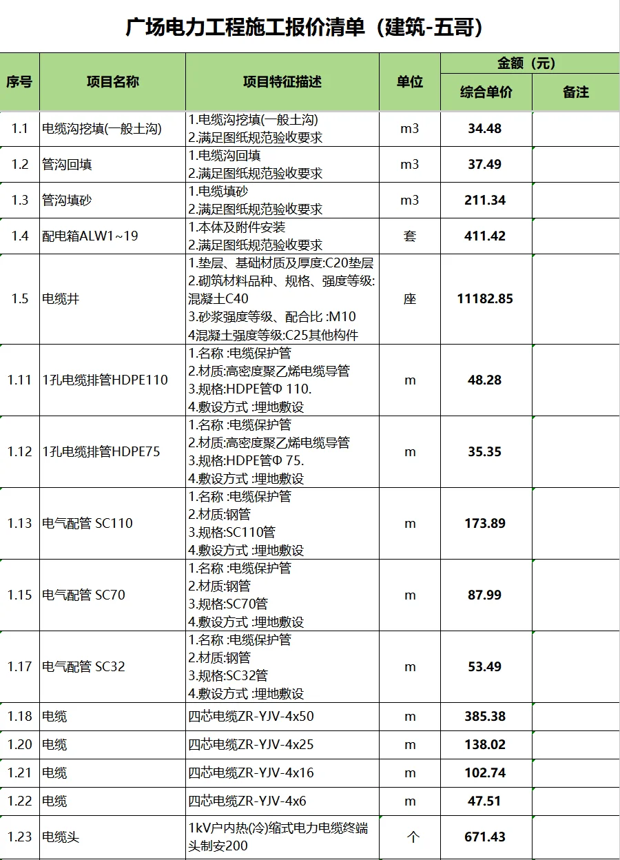 广场电力工程施工报价清单