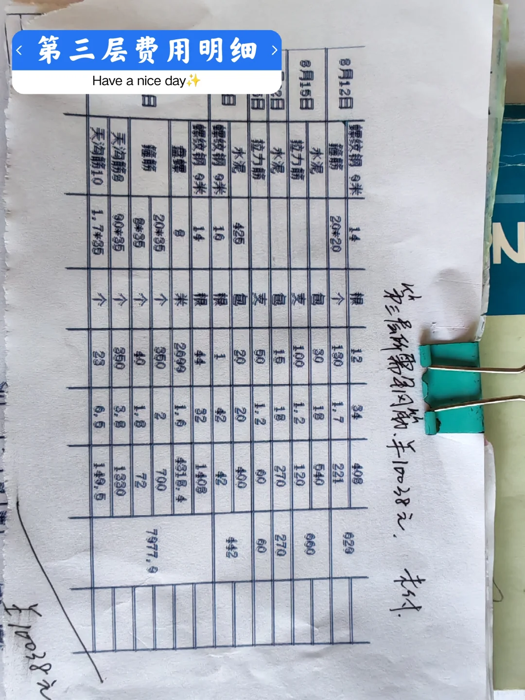 第三层浇筑完毕费用明细