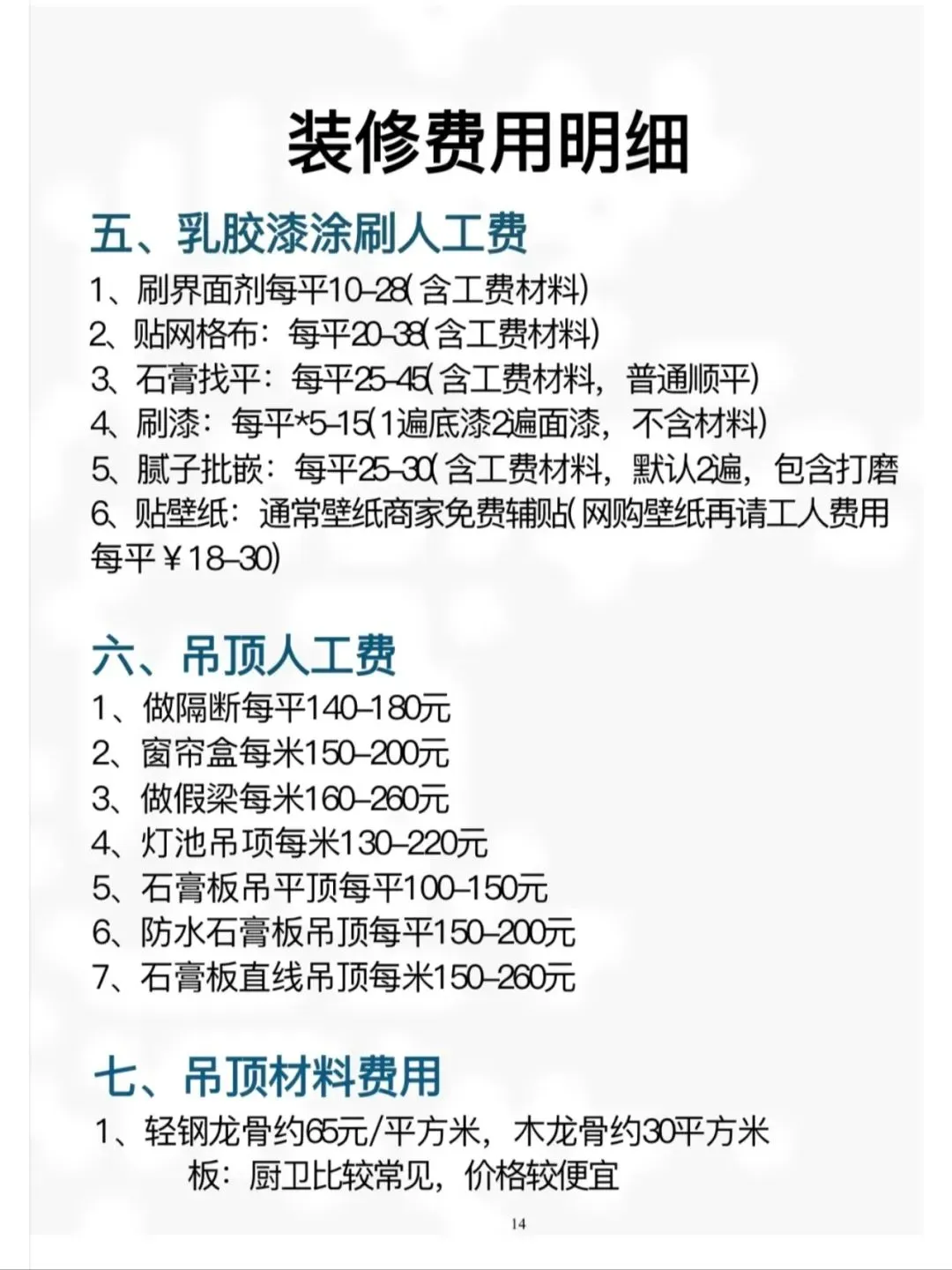 装修人工费参考！