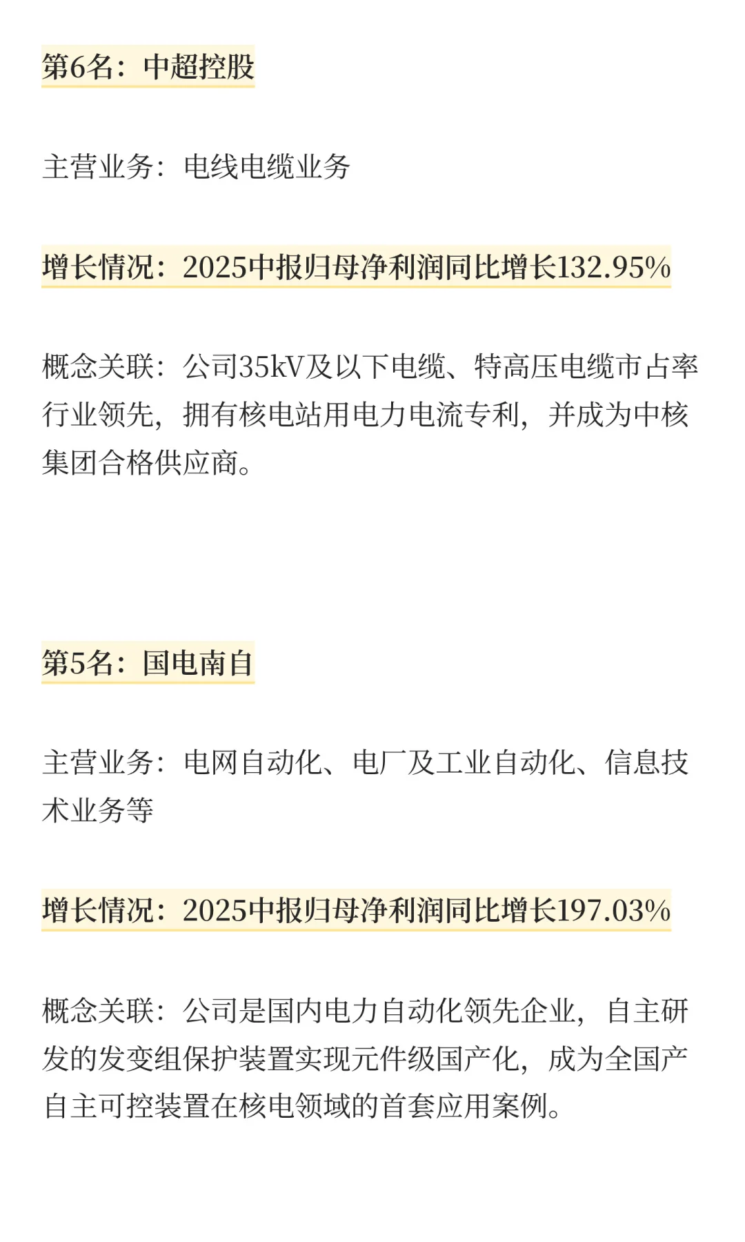 核电+电网设备，成长最快的10家公司