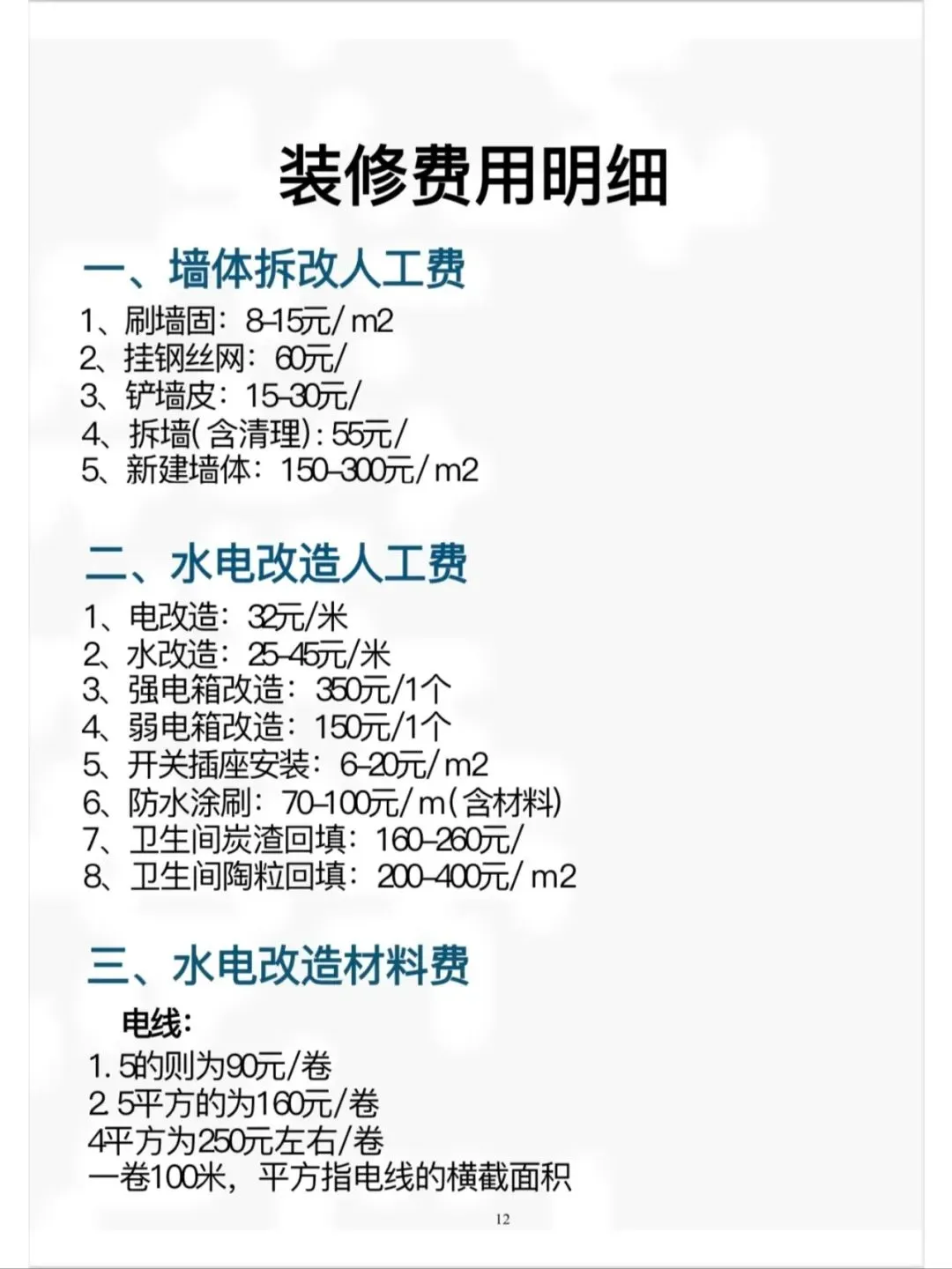 装修人工费参考！