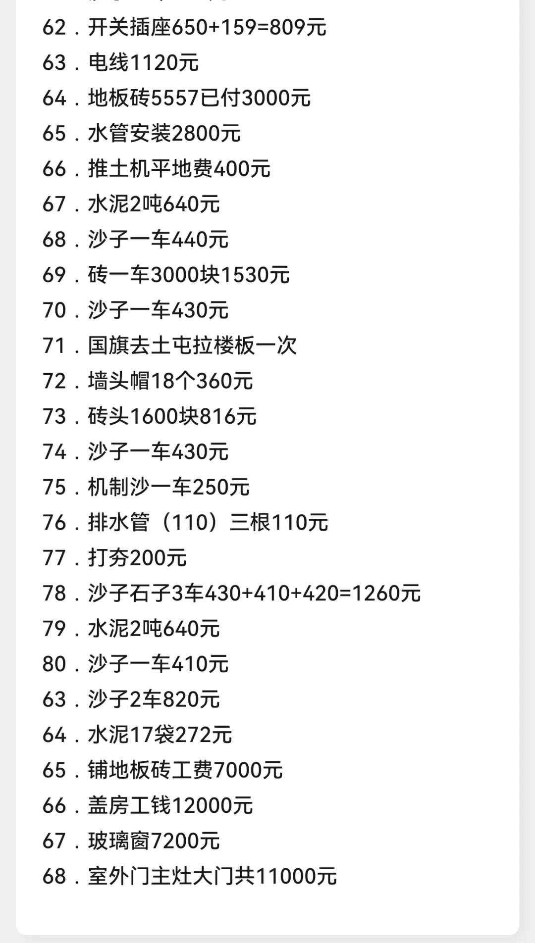 农村自建房，费用清单来啦！