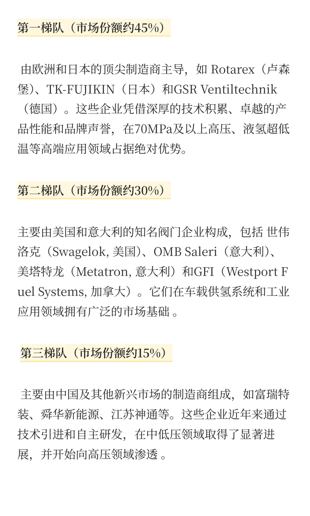 氢能阀门全球竞争格局