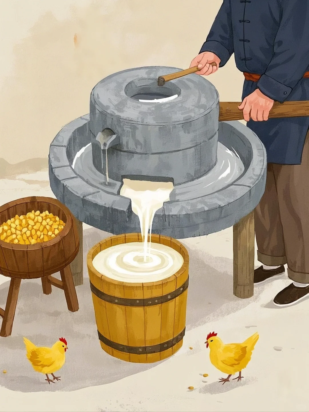 石磨转动 年俗传统磨豆腐插画素材