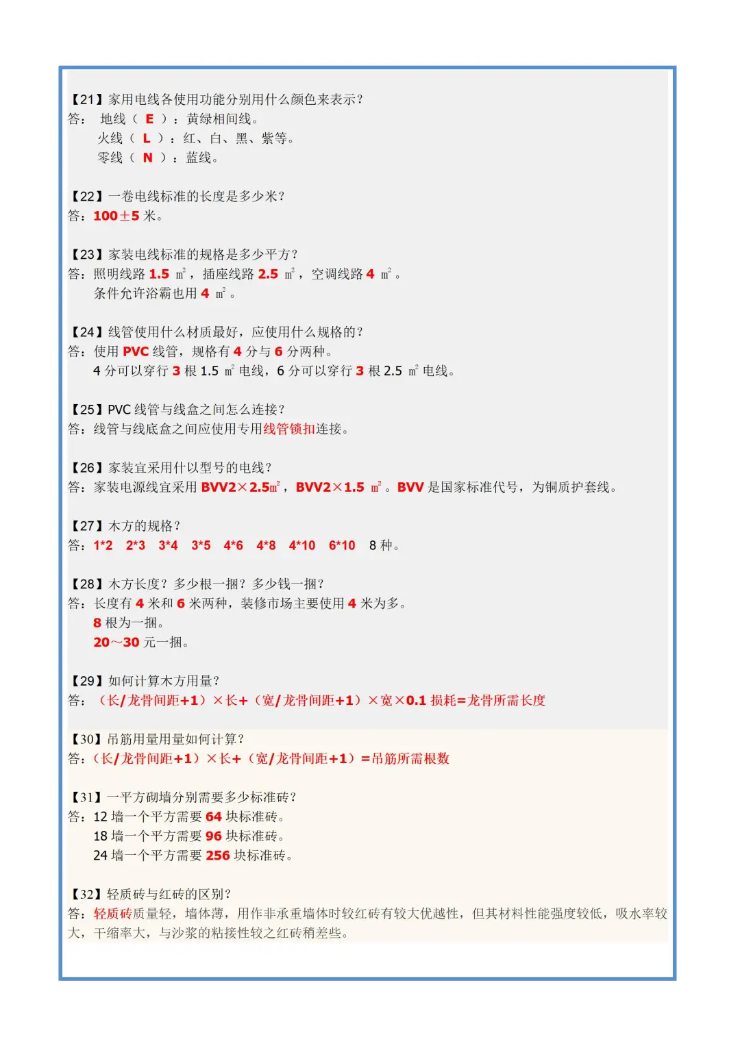 装修常用数据-装修业主的指南