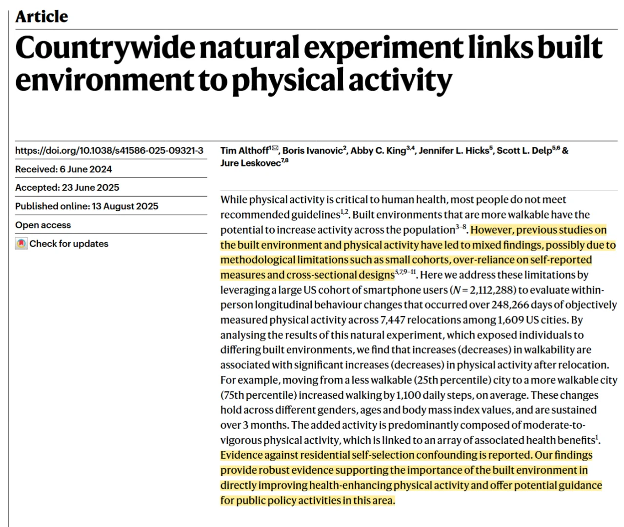nature | 全国性自然实验:环境与身体活动