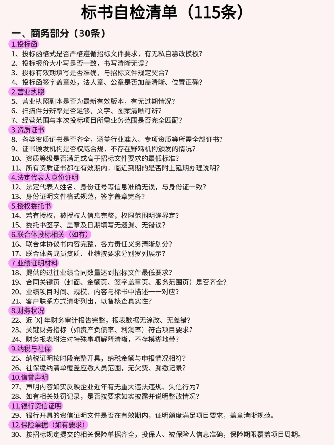 标书检查清单大全，一图搞定常见检查项！