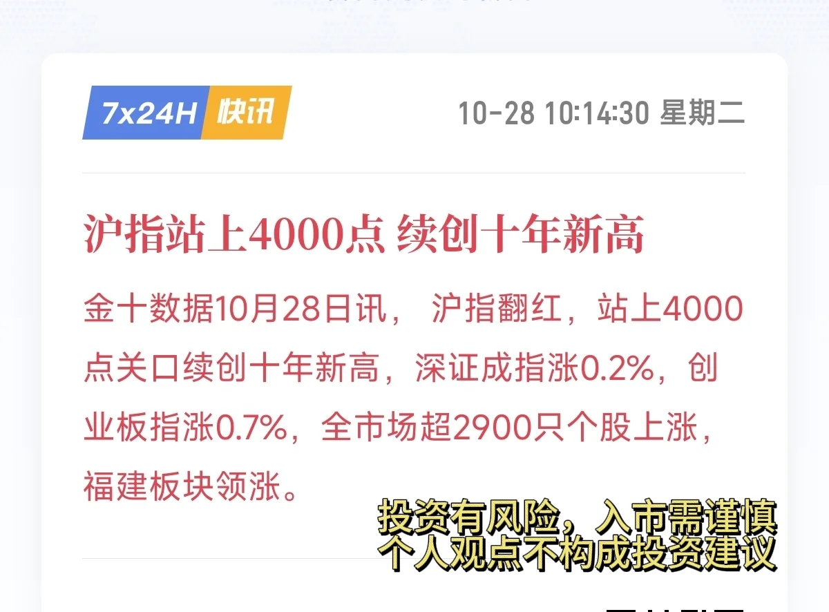 大A站上4000点! 续创10年新高! ! 主线是？