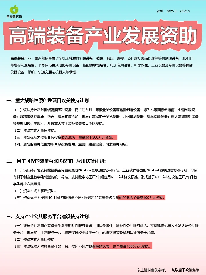 深圳高端装备产业发展资助,最高1000万,