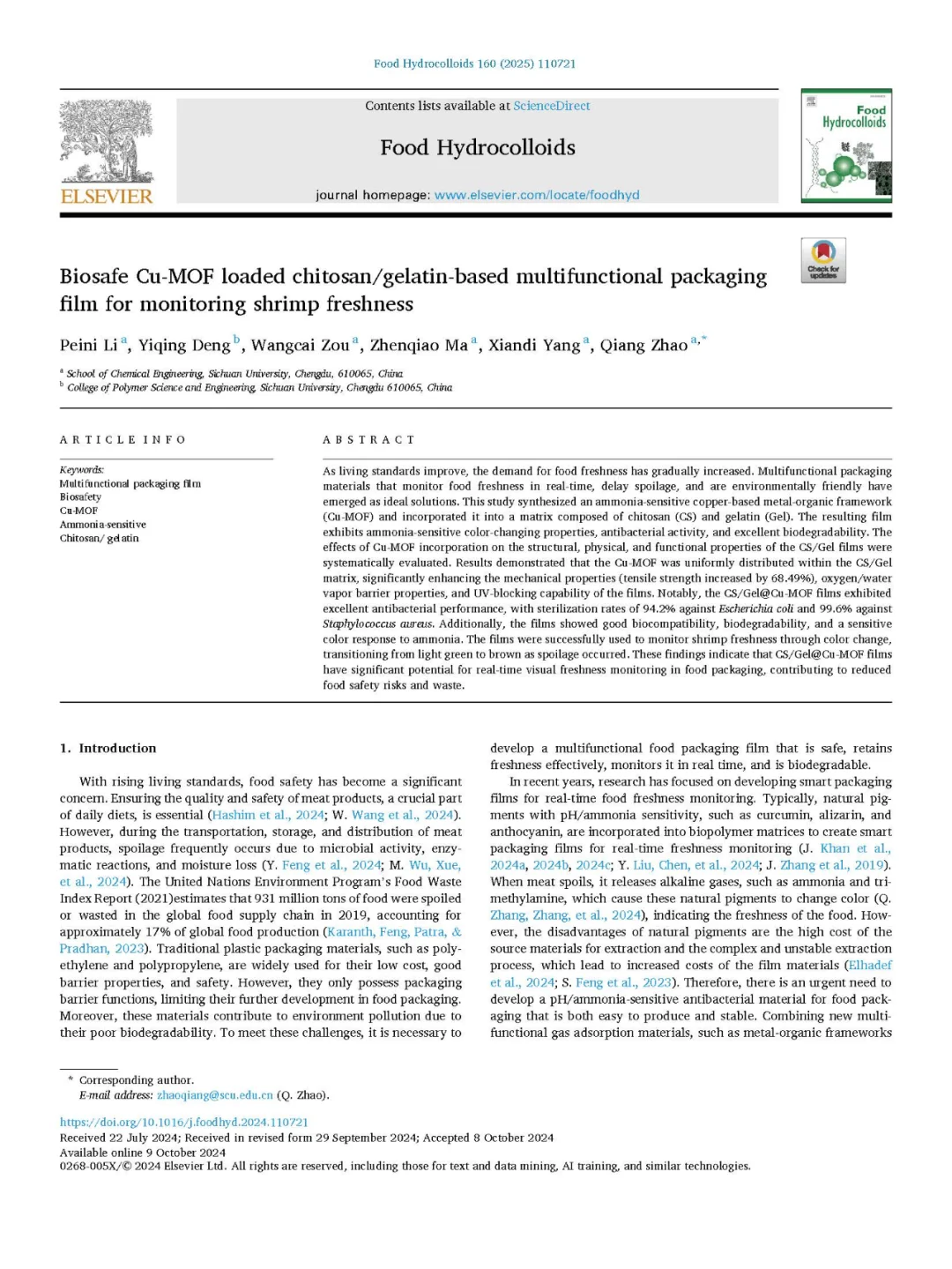 监测虾的新鲜度：壳聚糖/明胶智能包装膜