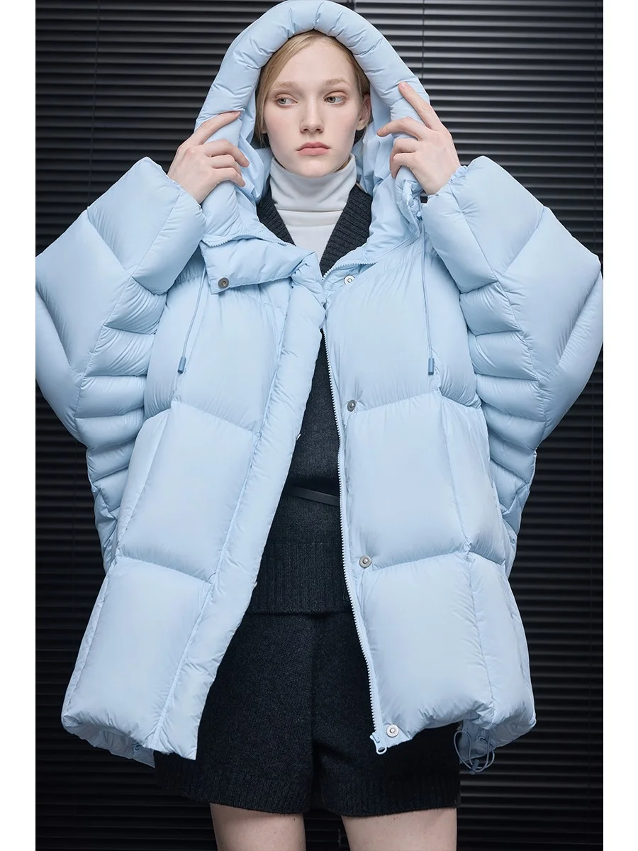蓝色连帽加厚羽绒服
