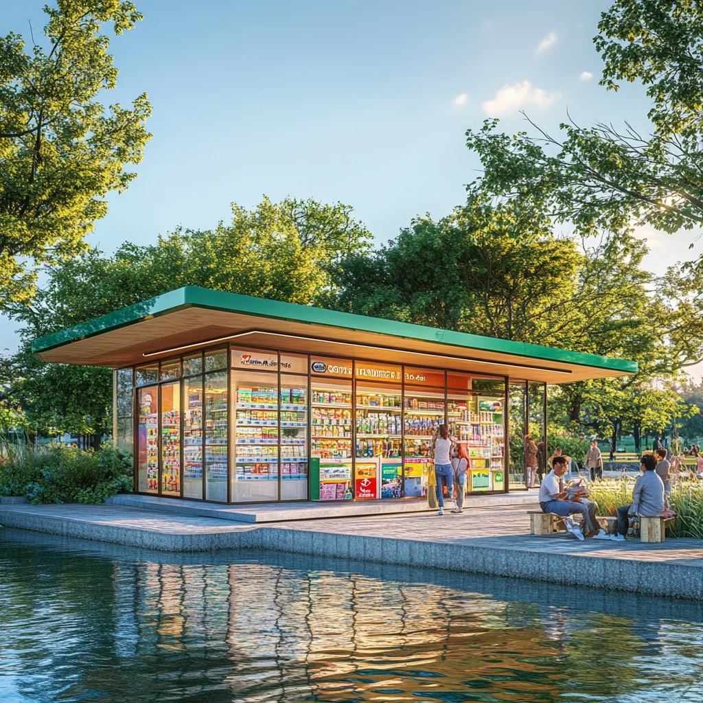 湖边玻璃屋便利店，城市便利和自然治愈