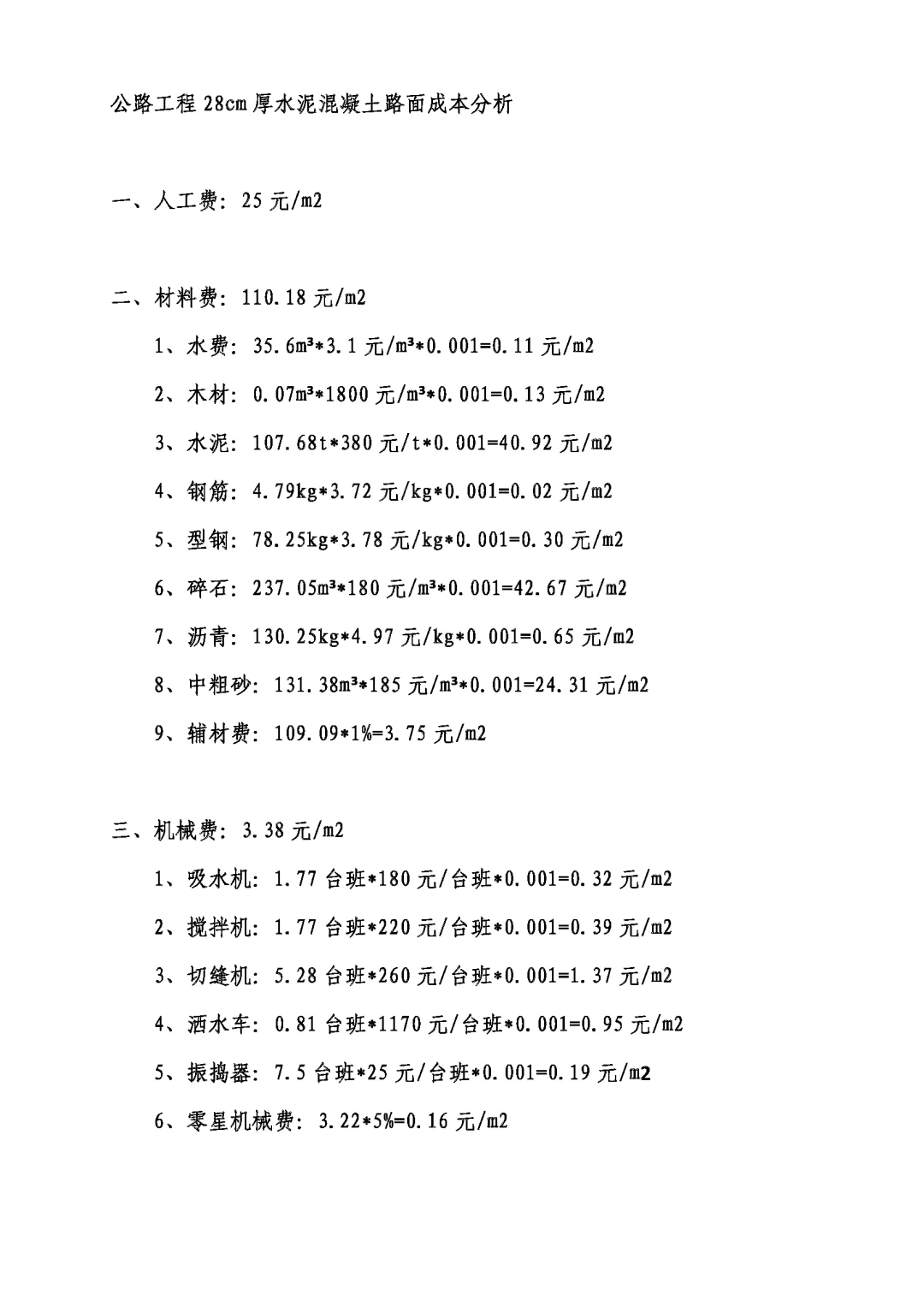 公路工程28cm厚水泥混凝土路面成本分析