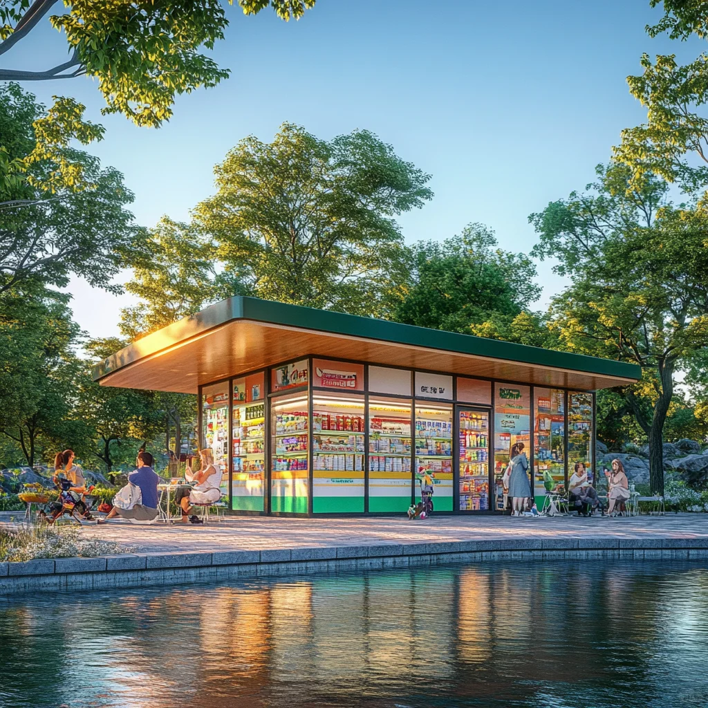 湖边玻璃屋便利店，城市便利和自然治愈