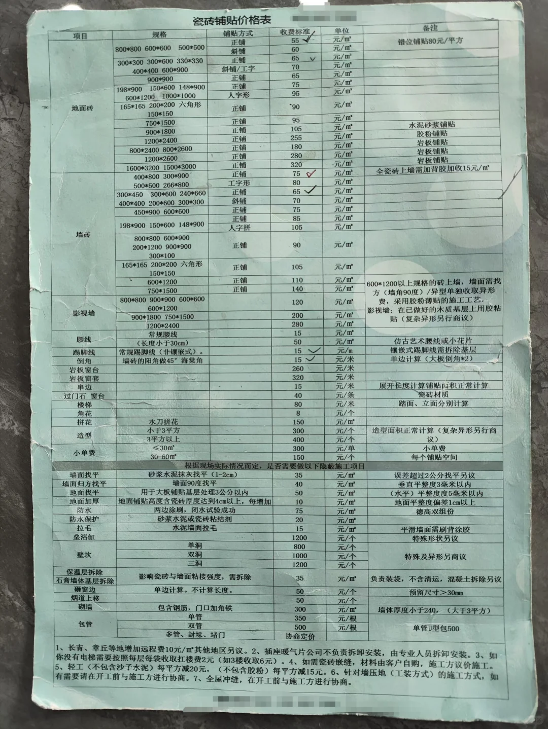 最全的瓦工报价