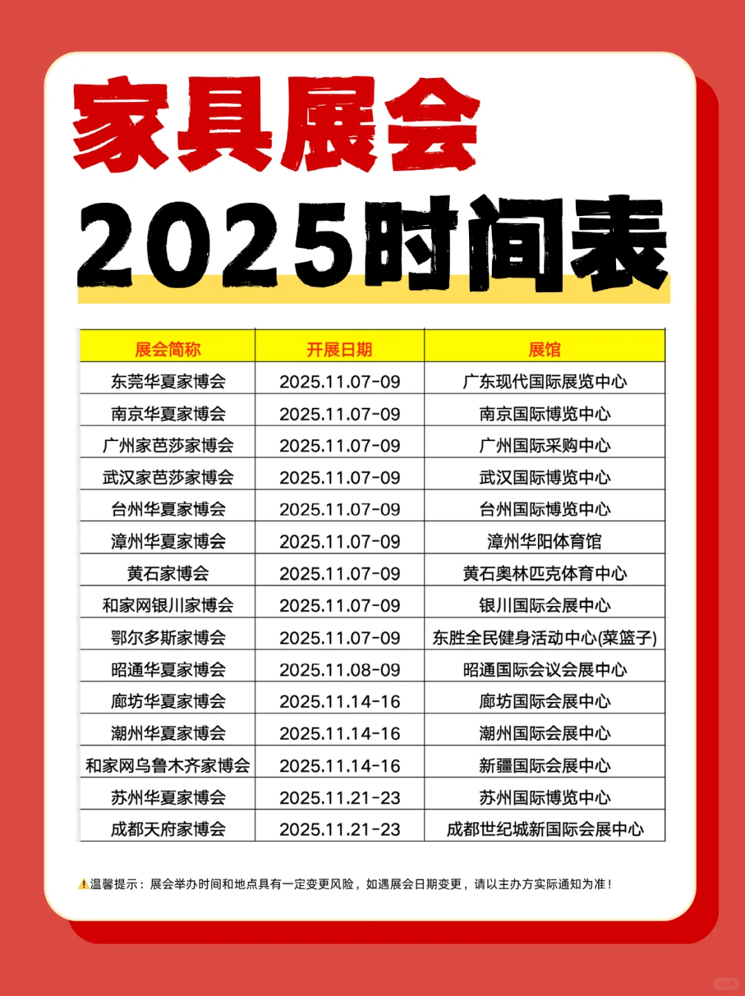 最新版❗️2025下半年家具展会排期时间表
