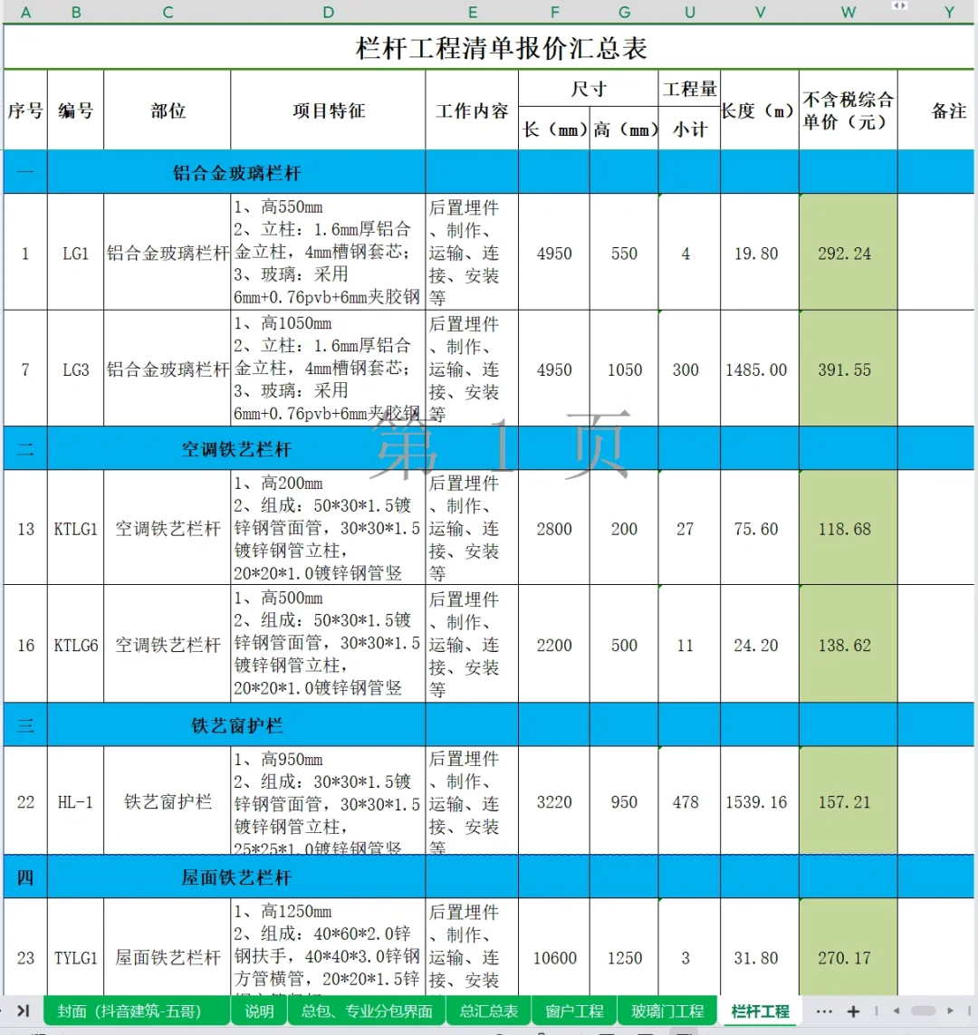 2023年门窗及栏杆工程中标清单