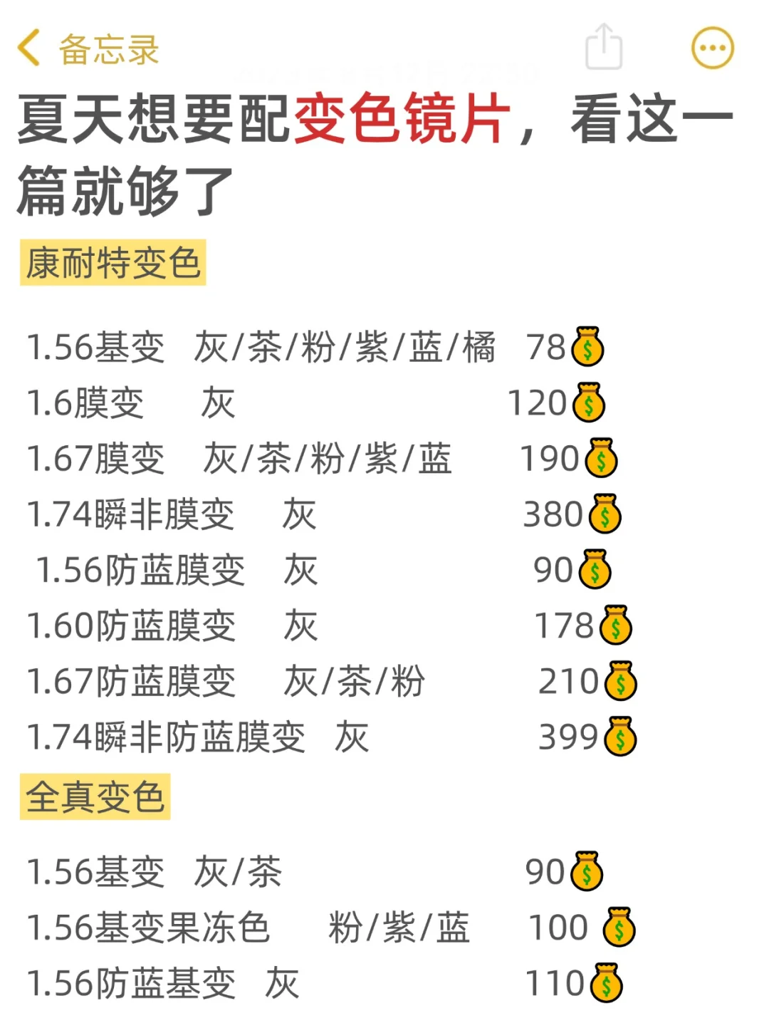 夏天配变色保存这张预算表，配镜不再被坑