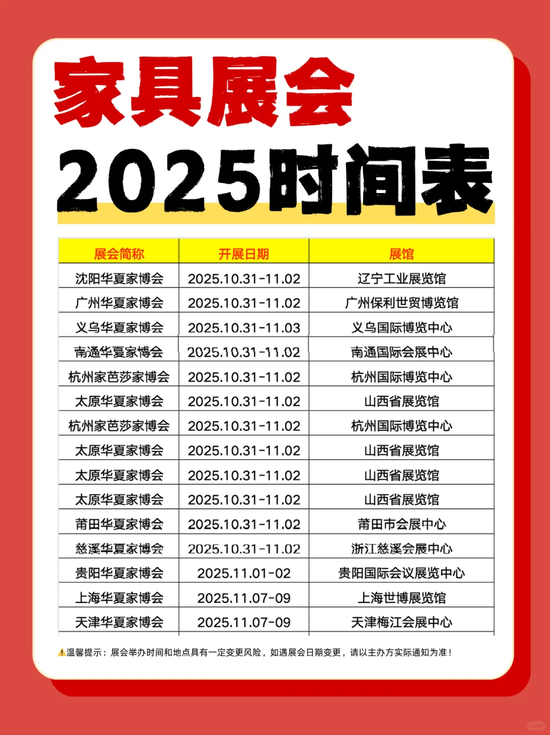 最新版❗️2025下半年家具展会排期时间表