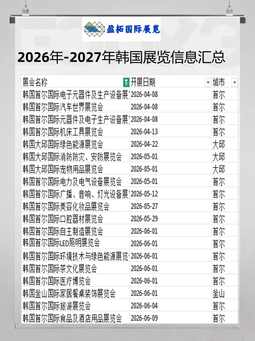 2026年-2027年韩国展览信息出炉