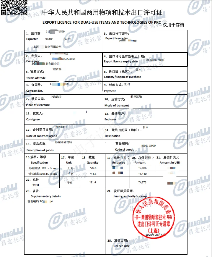 两用物项技术出口许可证新鲜出炉