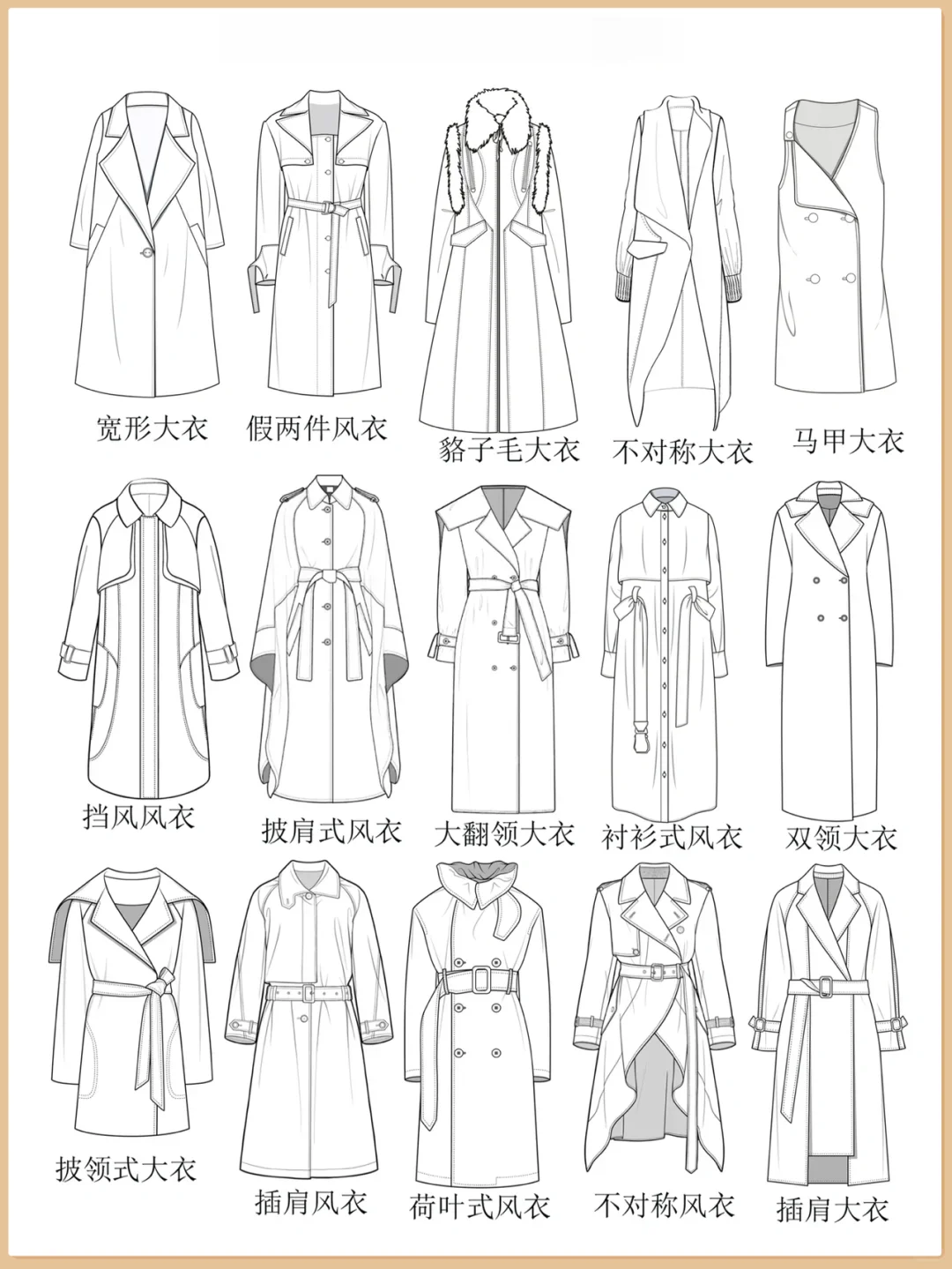 收藏笔记|服装设计手绘风衣大衣款式合集