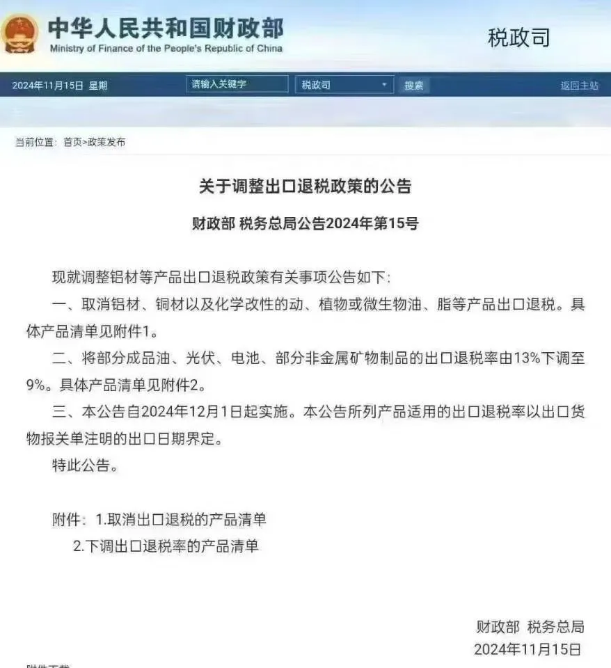 退税政策变动