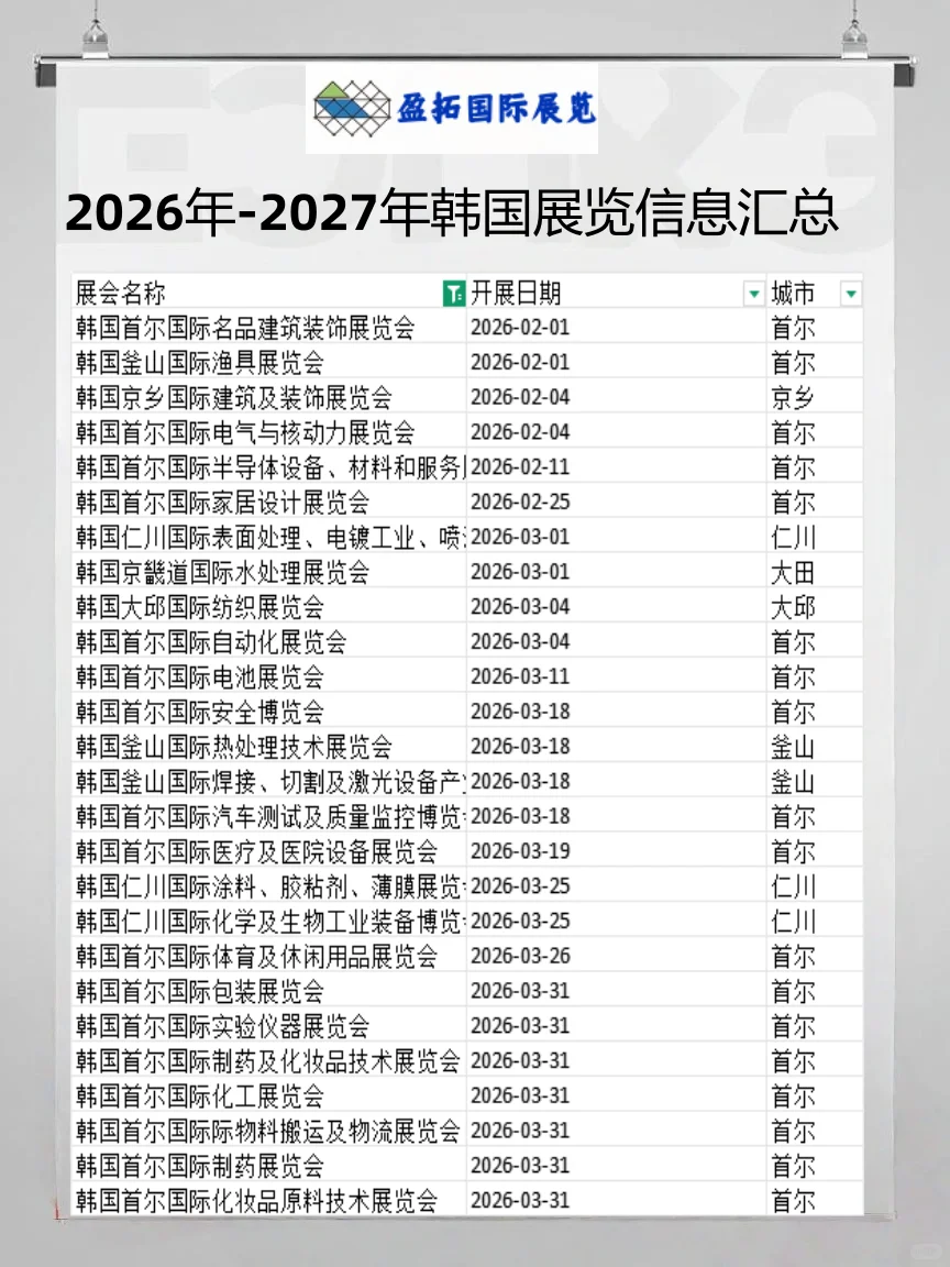2026年-2027年韩国展览信息出炉