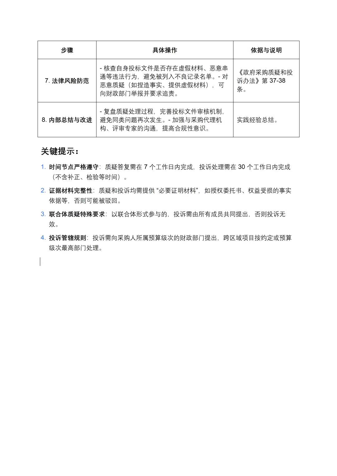 供应商被质疑后的处理步骤明细表格
