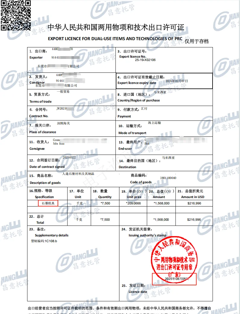 两用物项技术出口许可证新鲜出炉