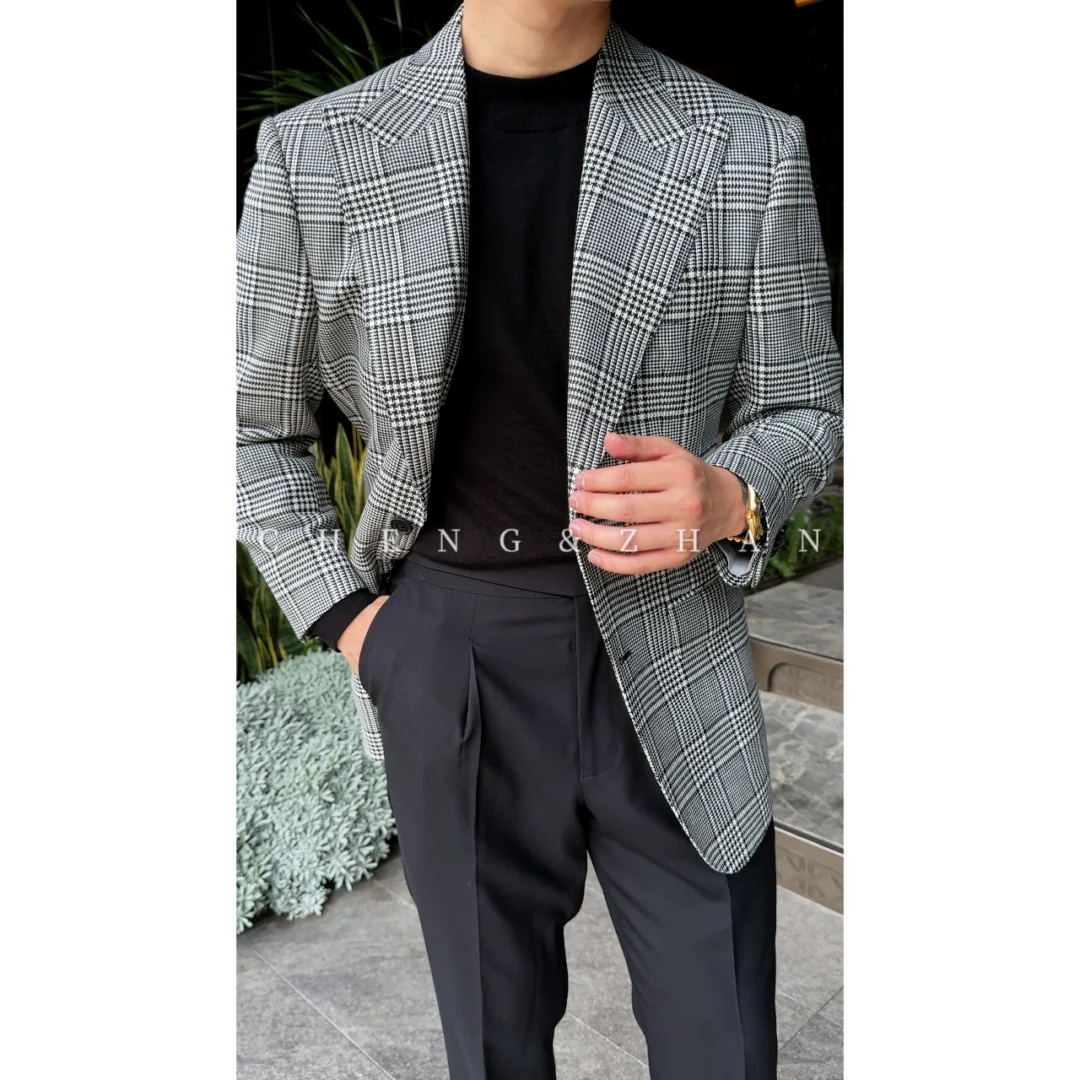 大牌同款经典格纹，舒适毛麻丝单西