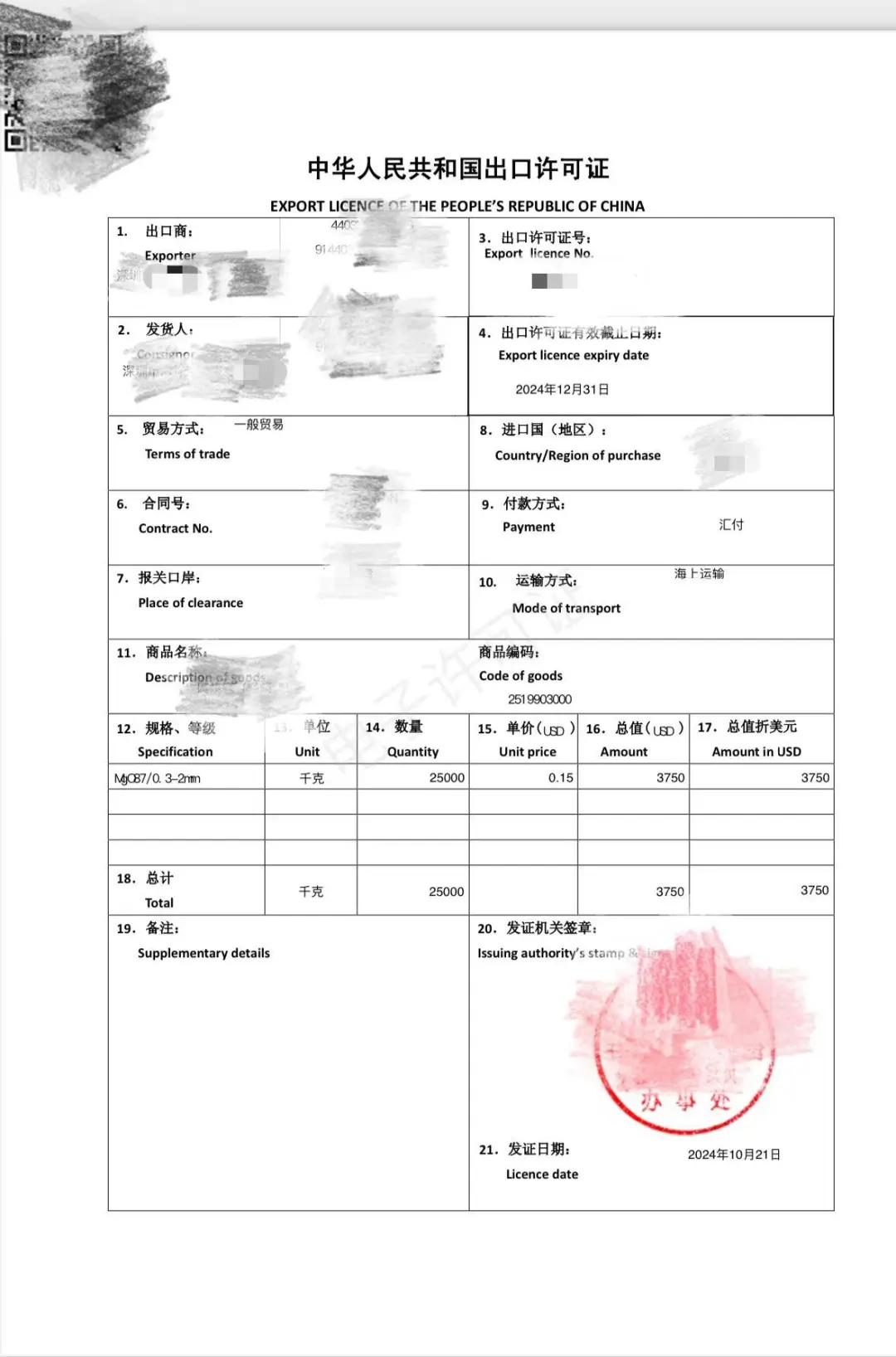 出口许可证办理