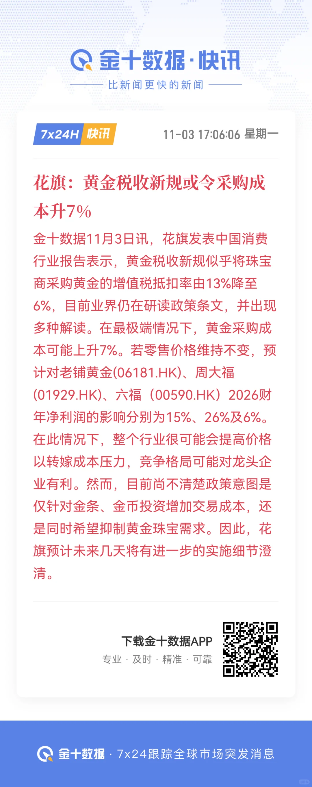 花旗：黄金税收新规或令采购成本升7%