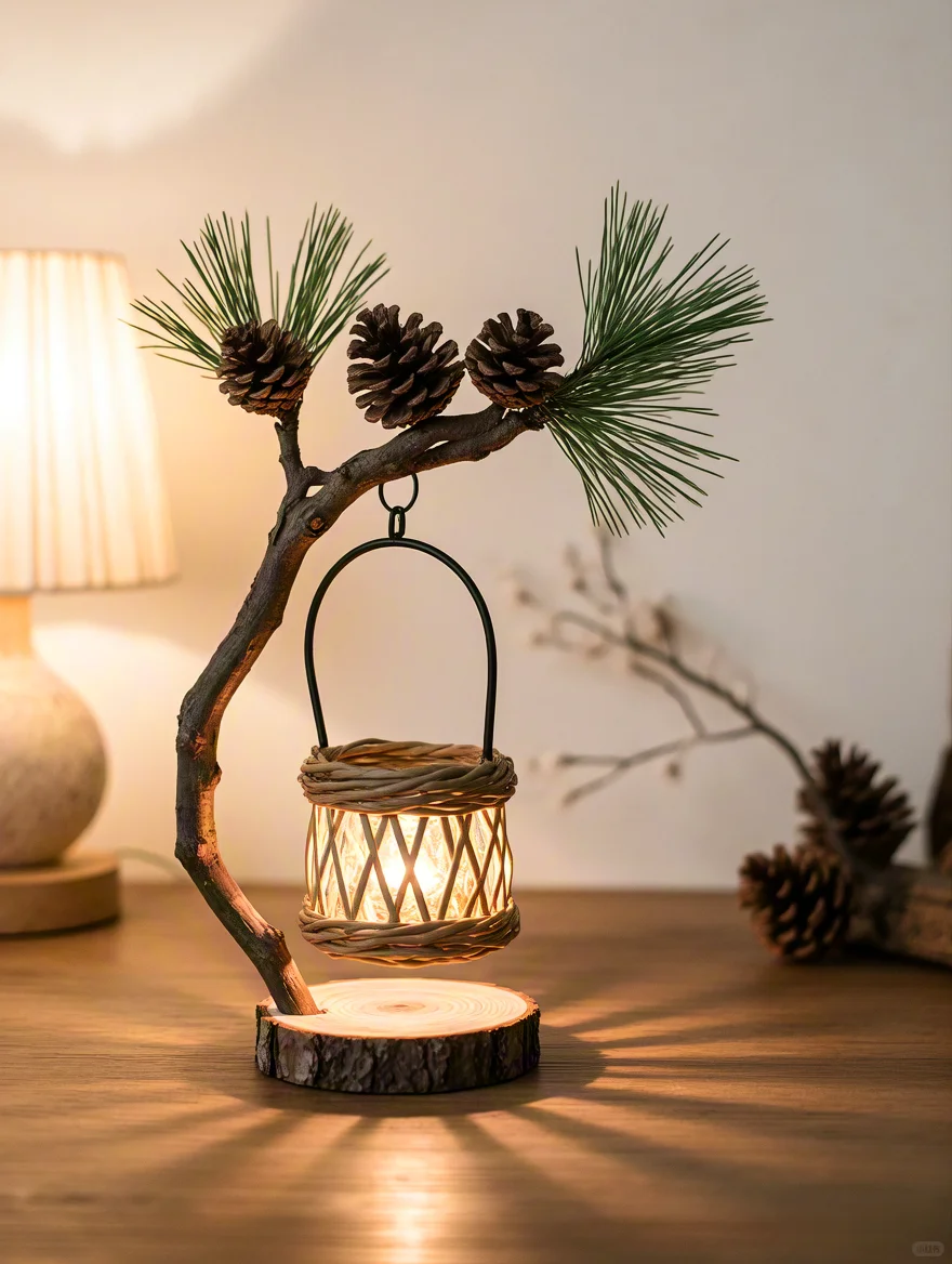 用树枝松果制作自然感小台灯